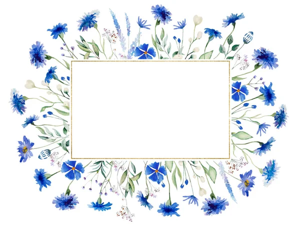 Aquarelle Bleu Bleuet Ancien Cadre Rectangulaire Illustration Isolée Éléments Floraux — Photo