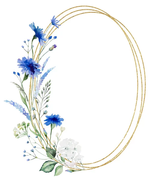 Acuarela Aciano Azul Flores Silvestres Marco Dorado Oval Ilustración Aislada — Foto de Stock