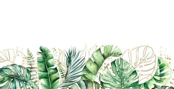 Кордон Зроблений Зеленого Золотистого Акварельного Тропічного Банана Пальмового Чернечого Листя — стокове фото