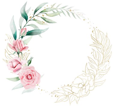 Pembe suluboya çiçeklerden, yeşil ve altın yapraklardan yapılmış yuvarlak çerçeve izole edilmiş. Romantik düğün veya sevgililer günü kırtasiyesi ve tebrik kartları için temel öğe