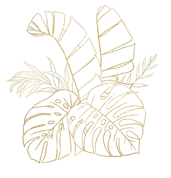 Boeket Gemaakt Met Gouden Tropische Palm Monstera Bladeren Geïsoleerde Illustratie — Stockfoto