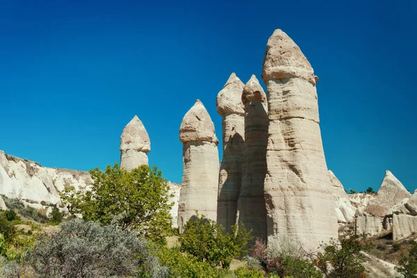 Unique Geological Formations Love Valley Cappadocia Blue Sky Summer Popular — Stock Photo, Image