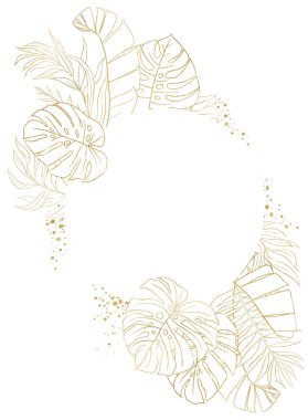 Altın tropikal palmiye, muz ve canavar yapraklarından yapılmış yuvarlak çerçeve, izole bir illüstrasyon. Romantik düğün kırtasiyesi için botanik öğesi, tebrik kartları