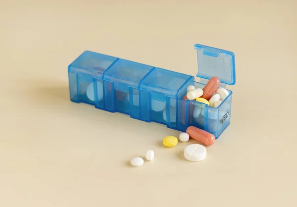 Mix Medical Capsules Pills Blue Weekly Organizer Light Beige Close — Stock Photo, Image