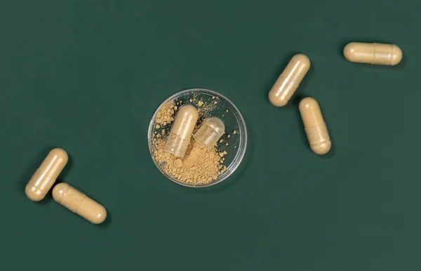 营养补充剂胶囊在深绿色的顶部视图 一个胶囊打开显示米黄色粉末在一个罐子里 预防医学和医疗保健 服用维生素 医药产品 — 图库照片