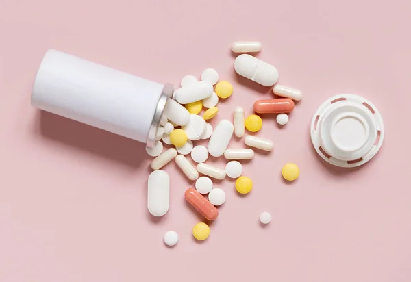 Mix Medical Capsules Pills Bottle Light Pink Top View Medicinal — Stock Photo, Image