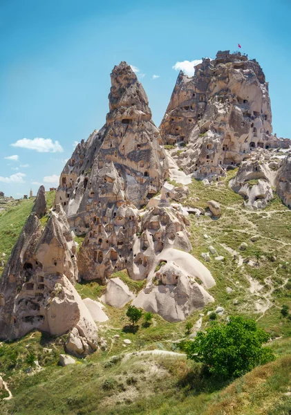 Unique Rock Castle Cappadocia Blue Sky Summer Popular Touristic Area — Stock Photo, Image
