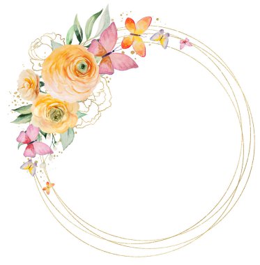 Turuncu suluboya çiçeklerin üzerinde kelebekler ve yeşil yaprakların olduğu yuvarlak çerçeve izole edilmiş. Romantik düğün veya sevgililer günü kırtasiyesi ve tebrik kartları için temel öğe