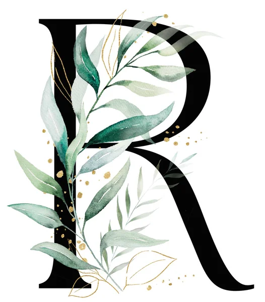 黑色字母R 绿色和金色水彩画的叶子和枝条 孤立的插图 婚礼文具和贺卡用字母绿色元素 — 图库照片
