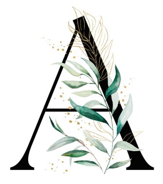 Yeşil ve altın suluboya yaprakları ve dalları olan siyah A harfi, izole bir illüstrasyon. Düğün kırtasiyesi ve tebrik kartları için Alfabe Yeşillik Elementi