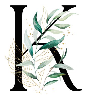 Yeşil ve altın suluboya yapraklı ve dallı siyah K harfi, izole bir illüstrasyon. Düğün kırtasiyesi ve tebrik kartları için Alfabe Yeşillik Elementi