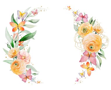 Turuncu suluboya çiçekleri ve yeşil yapraklı resimli kelebekli yuvarlak çelenk. Romantik düğün veya sevgililer günü kırtasiyesi ve tebrik kartları için temel öğe