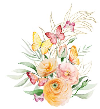 Portakal çiçekleri ve yeşil yaprakların üzerinde suluboya kelebekler olan bir buket. Romantik düğün veya sevgililer günü kırtasiyesi ve tebrik kartları için temel öğe