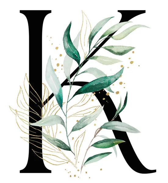 Black Letter Green Golden Watercolor Leaves Twigs Isolated Illustration Alphabet — Stock Photo, Image