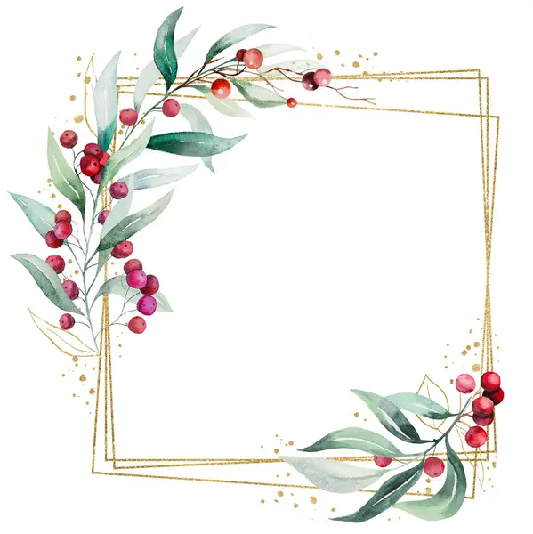 Weihnachtsquadratischer Rahmen Mit Bunten Aquarellzweigen Mit Grünen Blättern Und Roten — Stockfoto