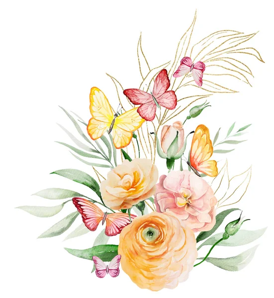 Portakal çiçekleri ve yeşil yaprakların üzerinde suluboya kelebekler olan bir buket. Romantik düğün veya sevgililer günü kırtasiyesi ve tebrik kartları için temel öğe