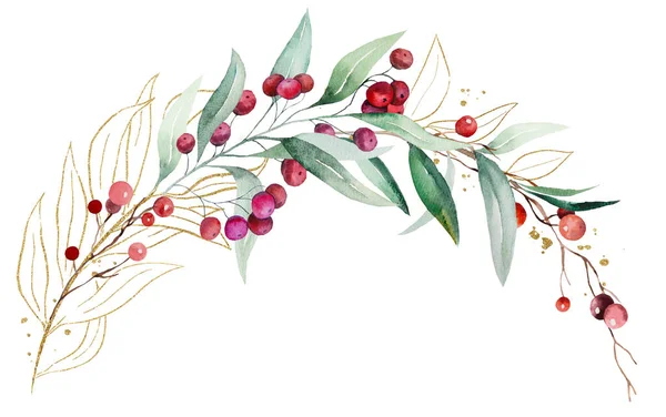 Χριστουγεννιάτικο Μπουκέτο Φτιαγμένο Πολύχρωμα Κλαδιά Ακουαρέλας Πράσινα Φύλλα Και Κόκκινα — Φωτογραφία Αρχείου