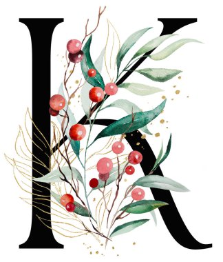 Renkli suluboya dalları, yeşil ve altın yaprakları ve kırmızı böğürtlenleri olan siyah K harfi. Kış tatili için el boyaması alfabe elementi ve selamlar.