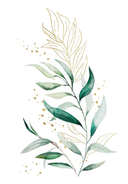 緑と金色の水彩ユーカリの葉で作られた花束 孤立したイラスト ロマンチックな結婚式の文房具 挨拶カード 印刷や工芸品の植物垂直要素 — ストック写真
