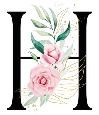 Pembe suluboya çiçekli, yeşil ve altın yapraklı siyah H harfi, izole bir illüstrasyon. Düğün kırtasiyesi, masa numaraları ve tebrik kartları için romantik alfabe ögesi