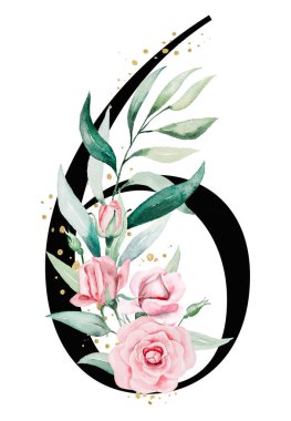 Pembe suluboya çiçekli, yeşil ve altın yapraklı, 6 numaralı siyah resim. Dokuz numara, evlilik kağıtları, masa numaraları ve tebrik kartları için romantik unsurlar.