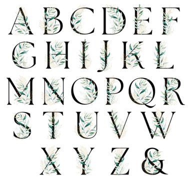 Yeşil ve altın suluboya yaprakları ve dalları olan siyah harfler, izole bir illüstrasyon. Düğün kağıtları ve tebrik kartları için yeşillik alfabesi