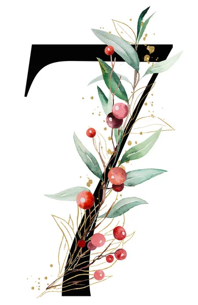 Μαύρο Νούμερο Πολύχρωμα Κλαδιά Νερομπογιάς Πράσινα Φύλλα Και Κόκκινα Μούρα — Φωτογραφία Αρχείου