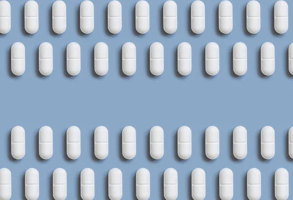 White Pills Light Blue Top View Creative Pattern Curative Medicine — Stock Photo, Image