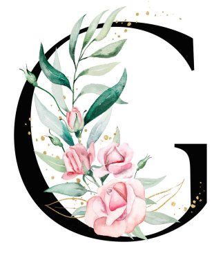 Pembe suluboya çiçekli, yeşil ve altın yapraklı siyah G harfi, izole bir illüstrasyon. Düğün kırtasiyesi, masa numaraları ve tebrik kartları için romantik alfabe ögesi