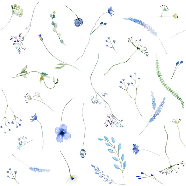 Płynny Wzór Wykonany Niebieskich Akwareli Dzikich Kwiatów Liści Ilustracji Odizolowany — Zdjęcie stockowe
