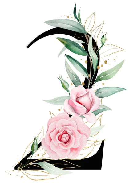 Black number 2 with pink watercolor flowers and green and golden leaves, isolated illustration. Number two, Romantic Elements for wedding stationery, table numbers and greeting cards