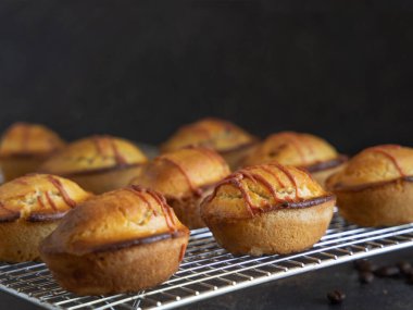 Pasticciotto leccese pastası yumurtalı muhallebi kreması ve ekşi vişneli reçel ile dolu, soğutucu bir arka rafta, karanlık bir masada, kopyalama alanı, kapat. Tipik apulian kahvaltısı.