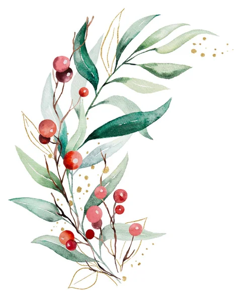 Χριστουγεννιάτικο Μπουκέτο Φτιαγμένο Πολύχρωμα Κλαδιά Ακουαρέλας Πράσινα Φύλλα Και Κόκκινα — Φωτογραφία Αρχείου