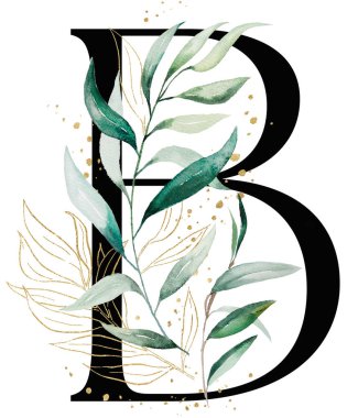 Yeşil ve altın suluboya yaprakları ve dalları olan siyah harf B, izole bir illüstrasyon. Düğün kırtasiyesi ve tebrik kartları için Alfabe Yeşillik Elementi