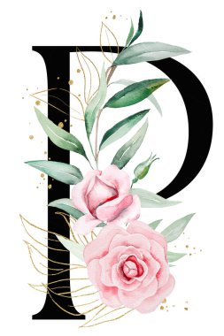 Pembe suluboya çiçekli, yeşil ve altın yapraklı siyah P harfi, izole bir illüstrasyon. Düğün kırtasiyesi, masa numaraları ve tebrik kartları için romantik alfabe ögesi