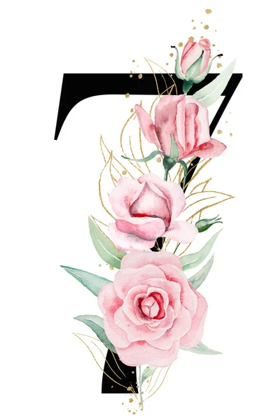 Black number 7 with pink watercolor flowers and green and golden leaves, isolated illustration. Number seven, Romantic Elements for wedding stationery, table numbers and greeting cards