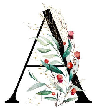 Renkli suluboya dalları, yeşil ve altın yaprakları ve kırmızı böğürtlenleri olan siyah A harfi. Kış tatili için el boyaması alfabe elementi ve selamlar.