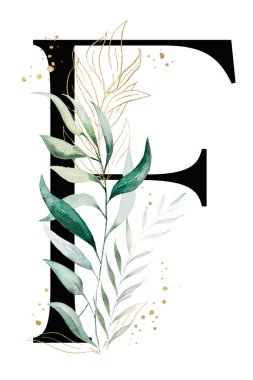 Yeşil ve altın suluboya yaprakları ve dalları olan siyah F harfi, izole bir illüstrasyon. Düğün kırtasiyesi ve tebrik kartları için Alfabe Yeşillik Elementi