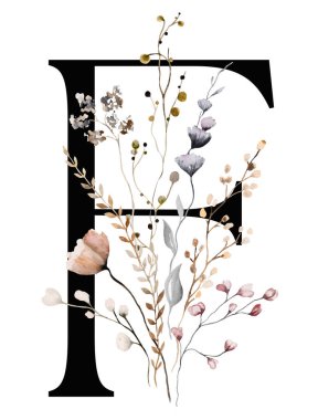 Sonbahar suluboya kır çiçekleri ve yapraklarla siyah büyük harf F, izole bir illüstrasyon. Düğün kırtasiyesi ve karşılama tasarımı için kahverengi, koyu kırmızı ve bej rengi alfabe ögesi