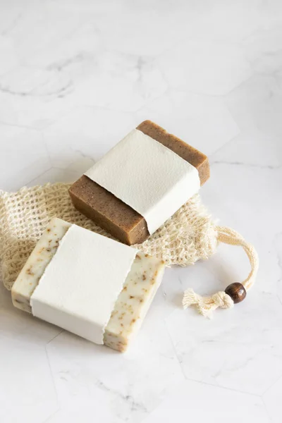 Beige Handmade Soap Bars Blank Label Sisal Soap Saver Bag — Stock Photo, Image