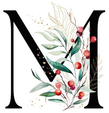 Renkli suluboya dallı, yeşil, altın yapraklı ve kırmızı dutlu M harfi Noel 'de izole edilmiş. Kış tatili için el boyaması alfabe elementi ve selamlar.