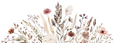 Sonbahar suluboya kır çiçekleri, tohumlar ve yapraklar ile sınır, izole bir illüstrasyon. Kahverengi, koyu kırmızı ve bej çiçekli. Sonbahar düğün kağıtları ve tebrik kartları için.