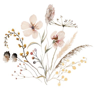 Sulu sonbahar çiçekleri, tohumlar ve yapraklarla dolu bir buket, izole bir illüstrasyon. Kahverengi, koyu kırmızı ve bej çiçekli. Sonbahar düğün kırtasiyesi ve tebrik kartları için.