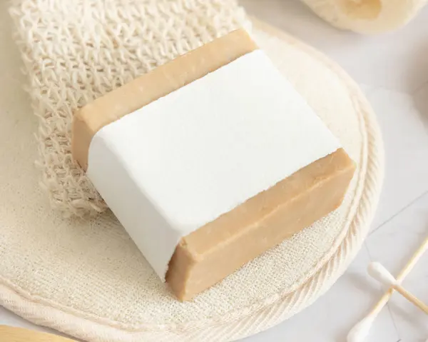 Beige Handmade Soap Bar Blank Label Soap Saver Bag Wooden — Stock Photo, Image