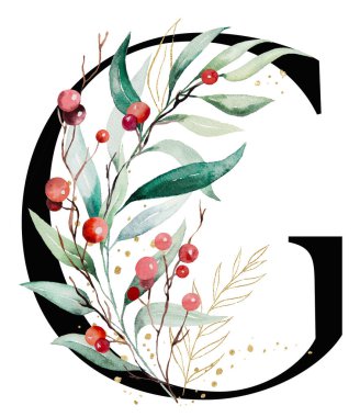 Renkli suluboya dalları, yeşil ve altın yaprakları ve kırmızı böğürtlenleri olan siyah G harfi. Kış tatili için el boyaması alfabe elementi ve selamlar.