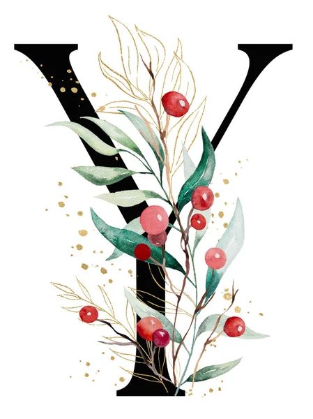 Черная Буква Красочными Акварельными Ветками Зелеными Золотыми Листьями Красными Ягодами — стоковое фото