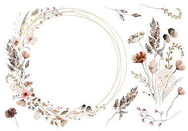 Çerçeve, buket ve tek elementler, suluboya kır çiçekleri, tohumlar ve yapraklar, izole bir illüstrasyon. Kahverengi, koyu kırmızı ve bej çiçekler sonbahar düğün kağıtları ve tebrik kartları için.