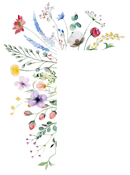 Border made of colorful watercolor wildflowers and leaves illustration, isolated. Garden floral frame for summer wedding stationery and greetings cards