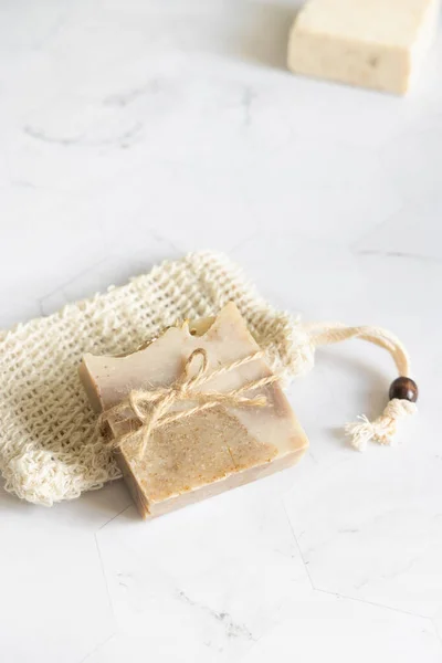 Beige Handmade Soap Bar Sisal Soap Saver Bag White Marble — Stock Photo, Image