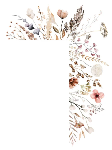 Border with watercolor autumn wildflowers, seeds and leaves, isolated illustration. Brown, dark red and beige floral element for fall wedding stationery and greetings cards